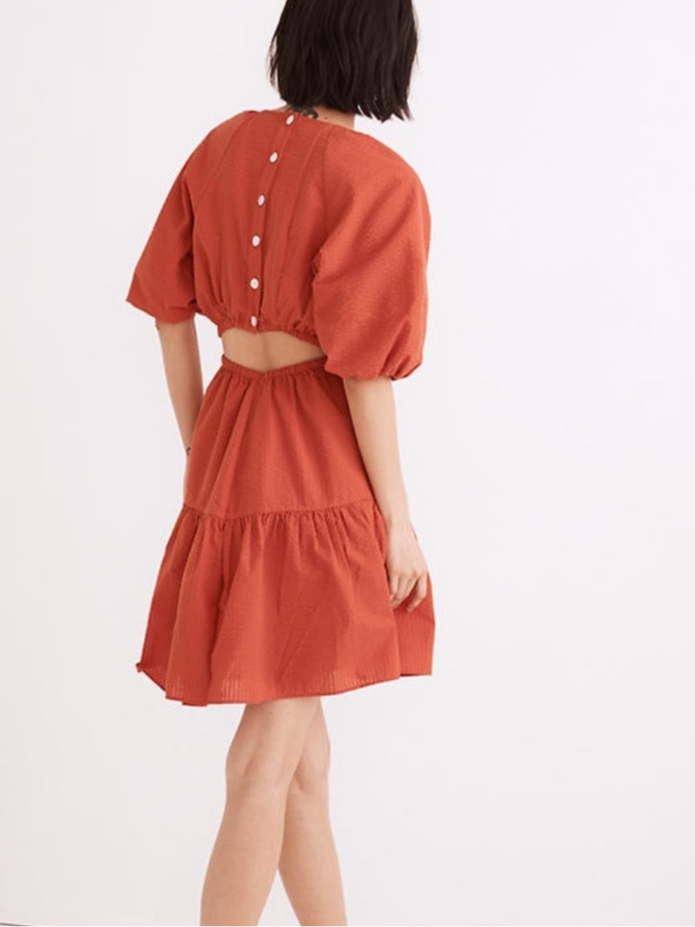 Madewell Seersucker Puff-Sleeve Cutout Mini Dress NWT size L